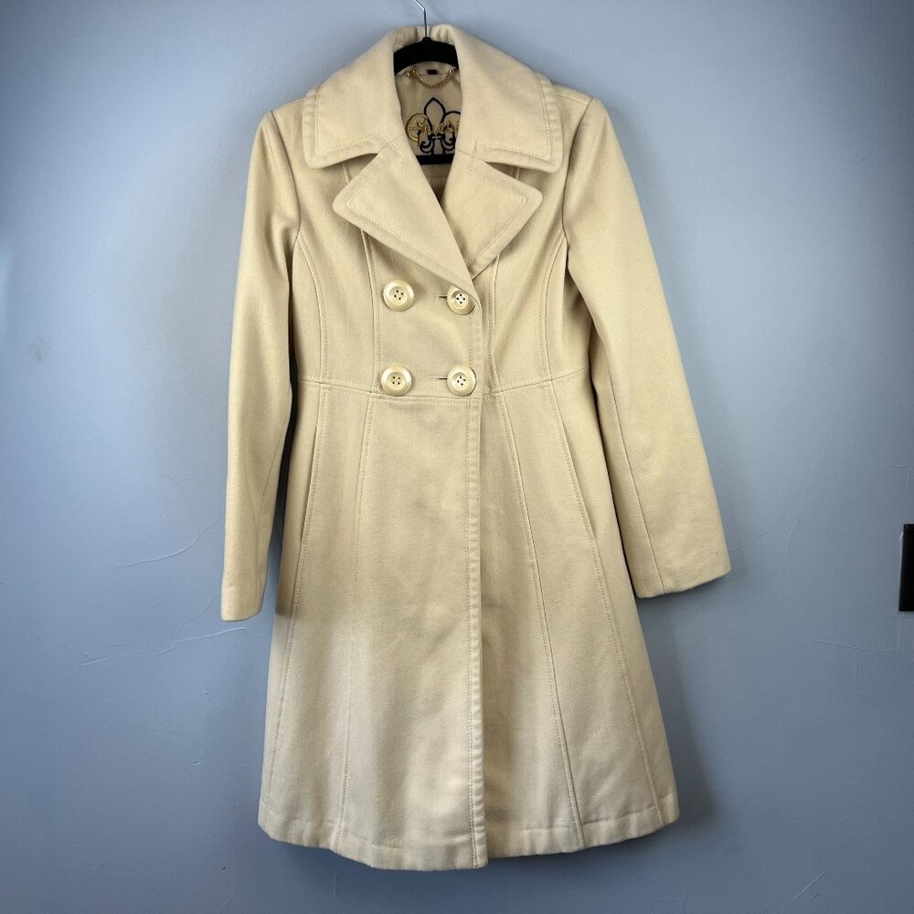 Guess Double‎ Breasted Wool Blend White Cream Coat Size S Chunky Buttons